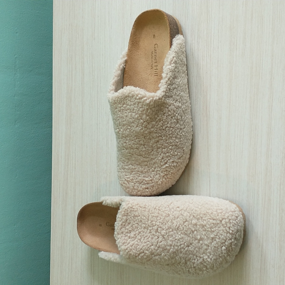 RARE Garnet Hill Cozy Faux Shearling Cork Footbed Mule Slippers